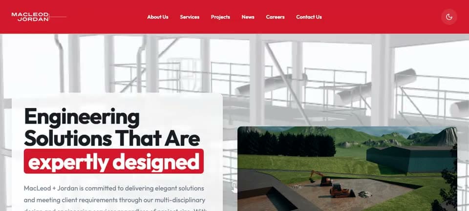 MacLeod Jordan homepage hero with changing engineering text and 3D model
